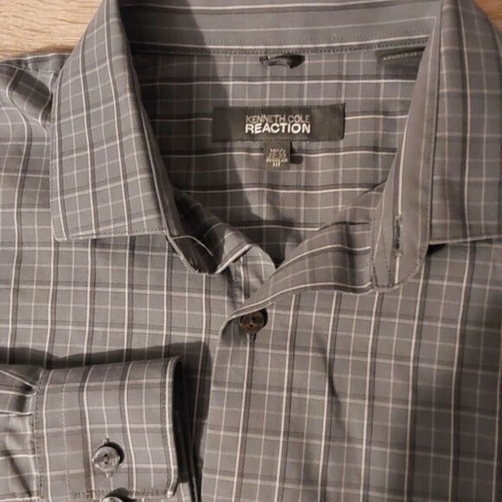 Kenneth Cole Reaction Mens Button Shirt Size 16.5 Long Sleeve Non Iron Gray Pld